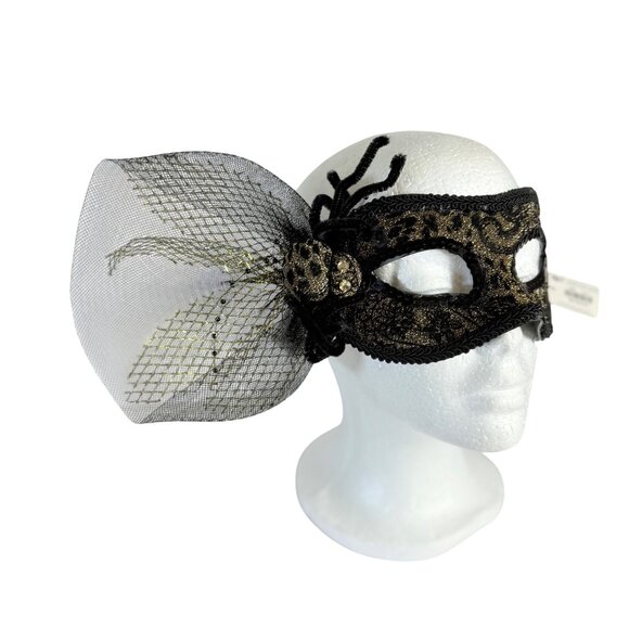 Pier 1 Masquerade Spider Mask VTG Gold Glitter Black Sequin Animal Floral Print - Picture 3 of 16